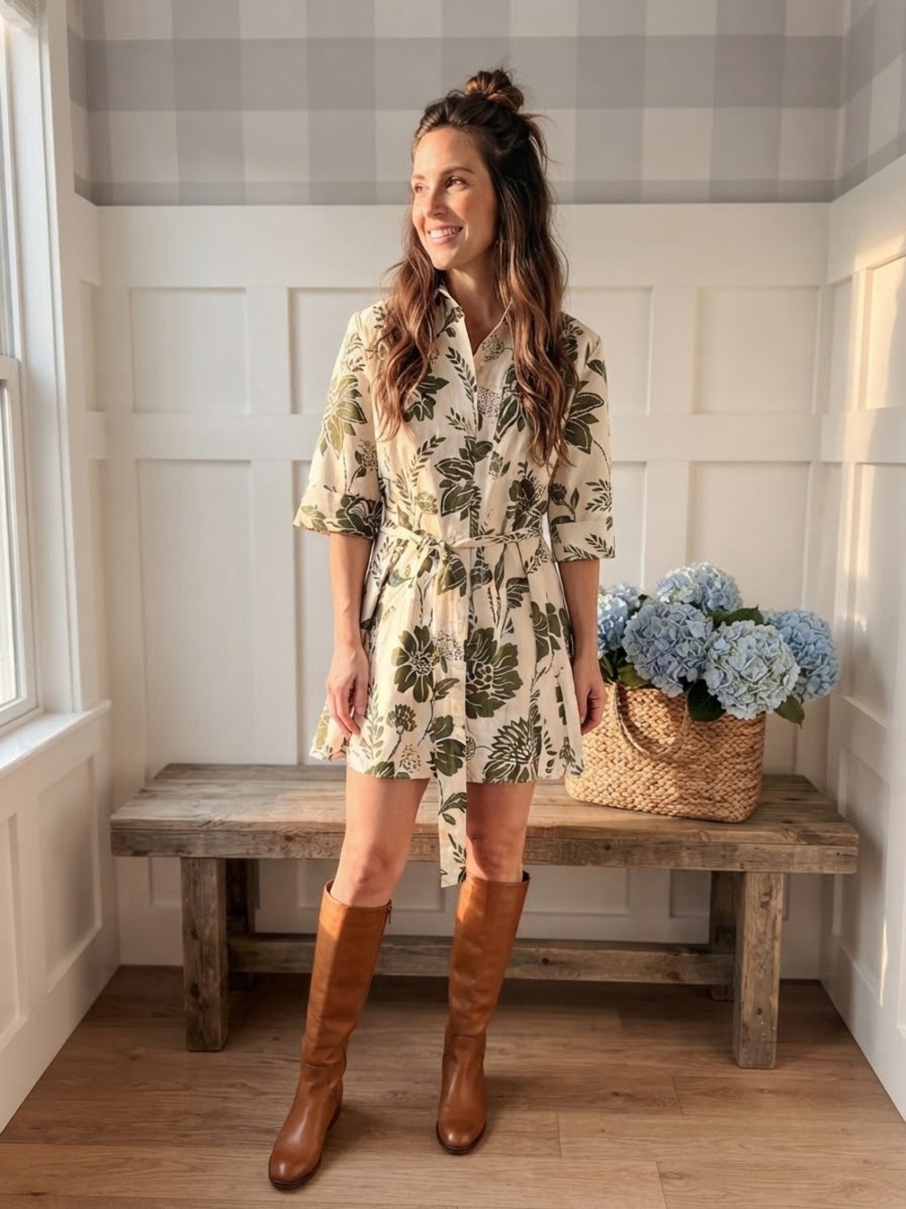 Zara Cream Mini Dress with Olive Green Floral Print Medium